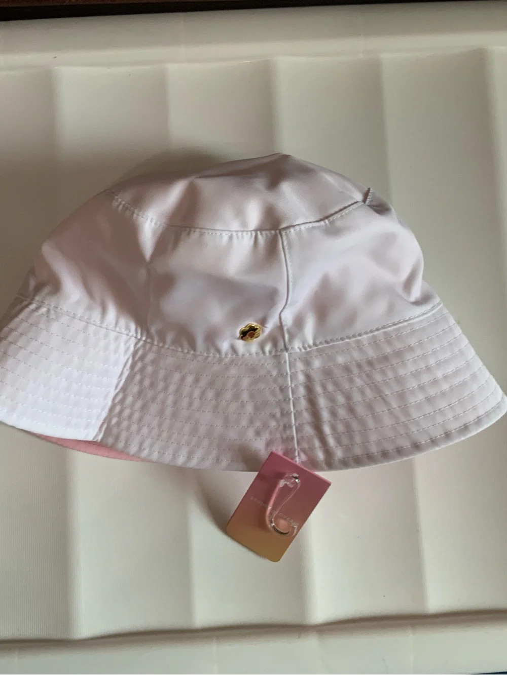 Stoney Clover Lane White/Pink Bucket Reversible Hat with Subtle Logo Tag